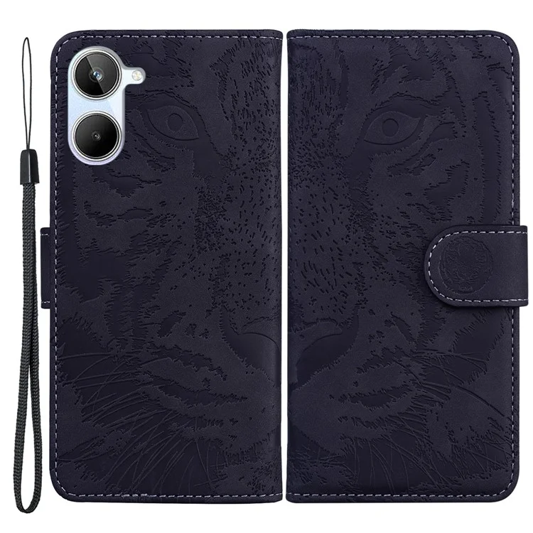 Para Realme 10 4G Phone Leather Case Stand Wallet Tiger Pattern Imprinted Phone Cover - Preto