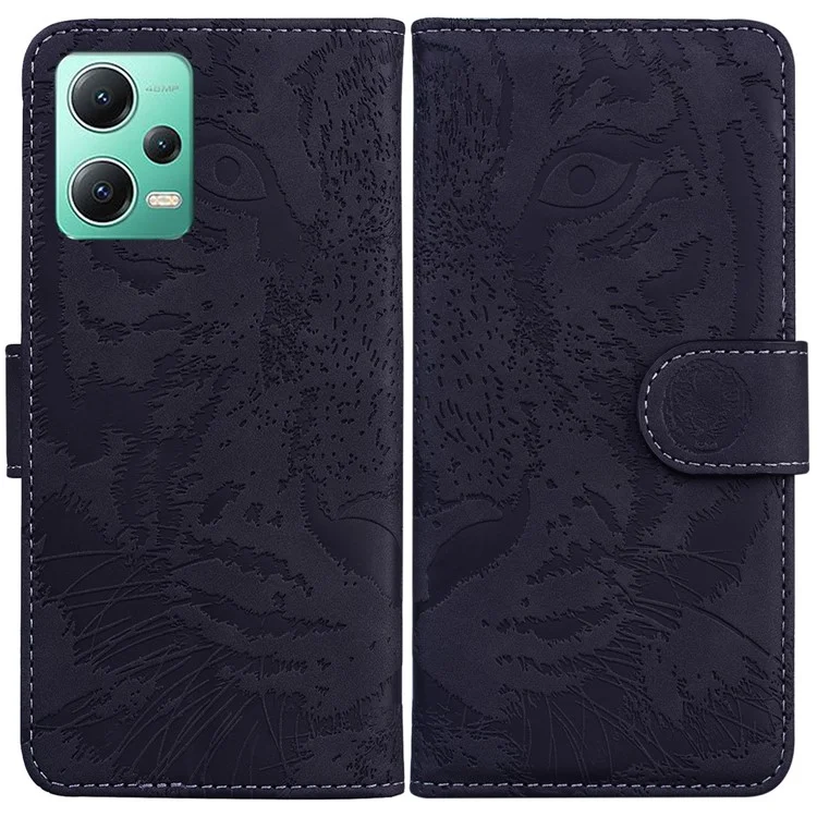 Étui Rabattable en Cuir pour Xiaomi Redmi Note 12 5G (Global) / (Inde) / (Chine) / Poco X5 5G, Motif Tigre Estampé avec Support - Noir