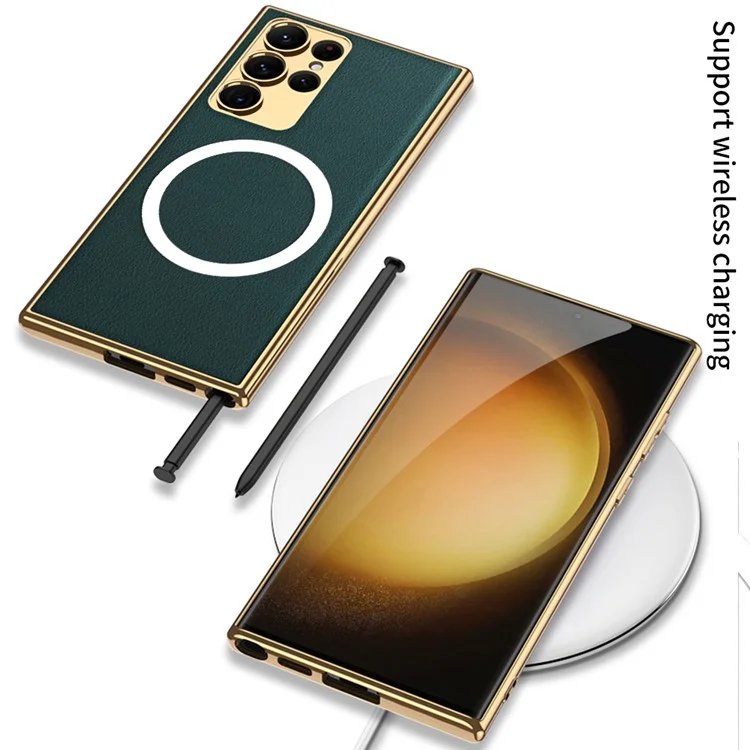 GKK Back Cover for Samsung Galaxy S23 Ultra Compatible with MagSafe Electroplating TPU Frame PU Leather+PC Case - Black