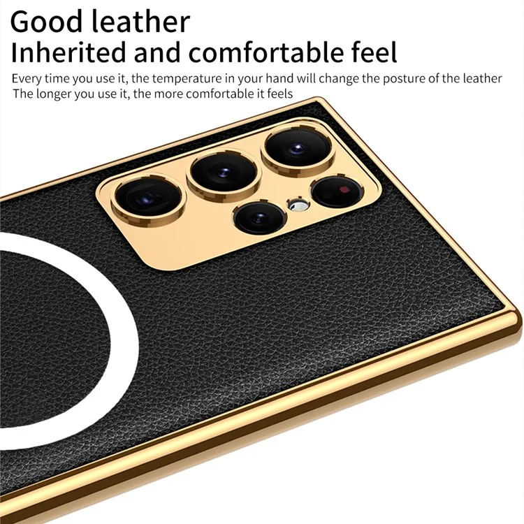 GKK Back Cover for Samsung Galaxy S23 Ultra Compatible with MagSafe Electroplating TPU Frame PU Leather+PC Case - Black