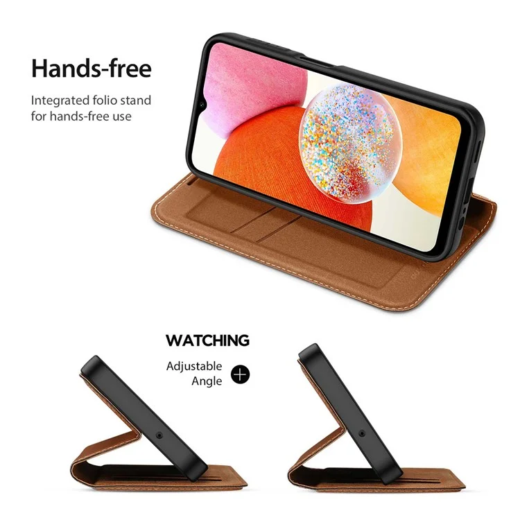 DUX DUCIS Skin X2 Series for Samsung Galaxy A14 5G / A14 4G Card Slots Leather Case Magnetic Auto-closing Phone Cover - Brown