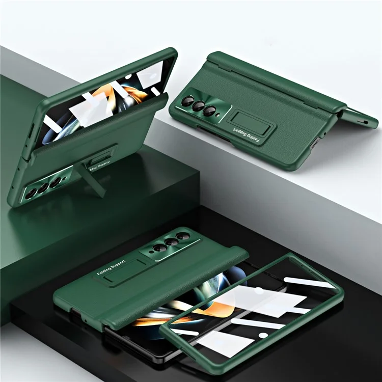 Pour Samsung Galaxy Z Fold4 5G Hinge Protection Phone Case PU Leather Coated PC Kickstand Cover with Tempered Glass Film - Vert
