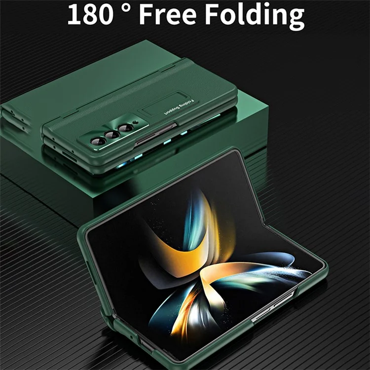 Pour Samsung Galaxy Z Fold4 5G Hinge Protection Phone Case PU Leather Coated PC Kickstand Cover with Tempered Glass Film - Vert