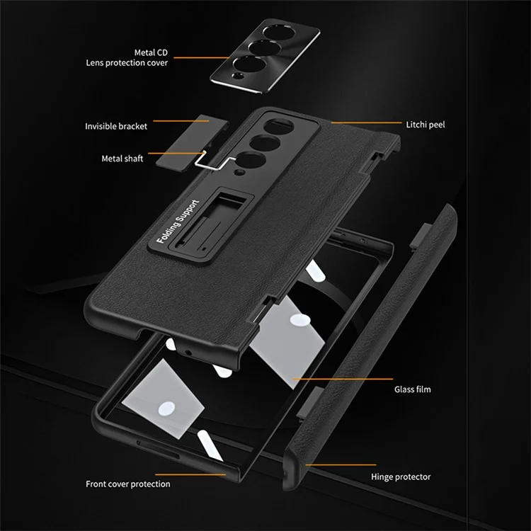 Pour Samsung Galaxy Z Fold4 5G Hinge Protection Phone Case PU Leather Coated PC Kickstand Cover with Tempered Glass Film - Vert