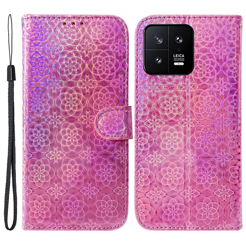 For Xiaomi 13 5G Dazzling Flower Pattern PU Leather Shockproof Phone Case with Stand Wallet - Pink