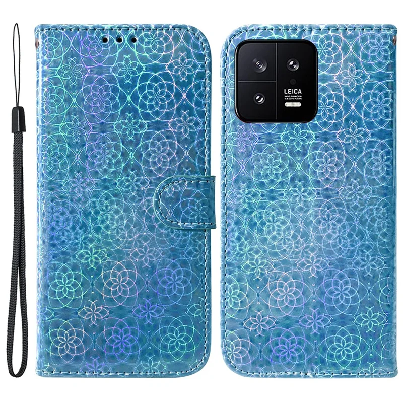 For Xiaomi 13 5G Dazzling Flower Pattern PU Leather Shockproof Phone Case with Stand Wallet - Blue