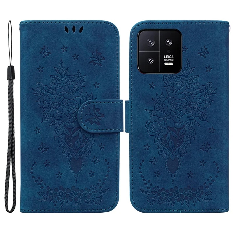 Rose Butterfly Imprinted Phone Case for Xiaomi 13 5G , Flip Stand Leather Wallet Anti-scratch Phone Cover - Blue