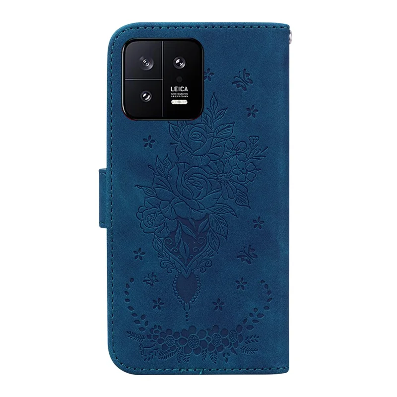 Rose Butterfly Imprinted Phone Case for Xiaomi 13 5G , Flip Stand Leather Wallet Anti-scratch Phone Cover - Blue