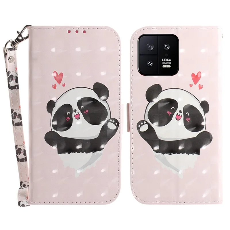 Handyhülle mit Ständer für Xiaomi 13 5G Anti-Kratzer PU-Leder Flip-Telefon-Geldbörse mit Trageriemen - Liebesherz Panda
