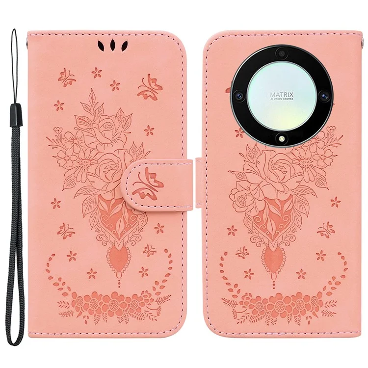 For Honor X40 5G / X9a 5G / Magic5 Lite 5G Leather Wallet Case Rose Butterfly Imprinted Foldable Stand Phone Cover - Pink