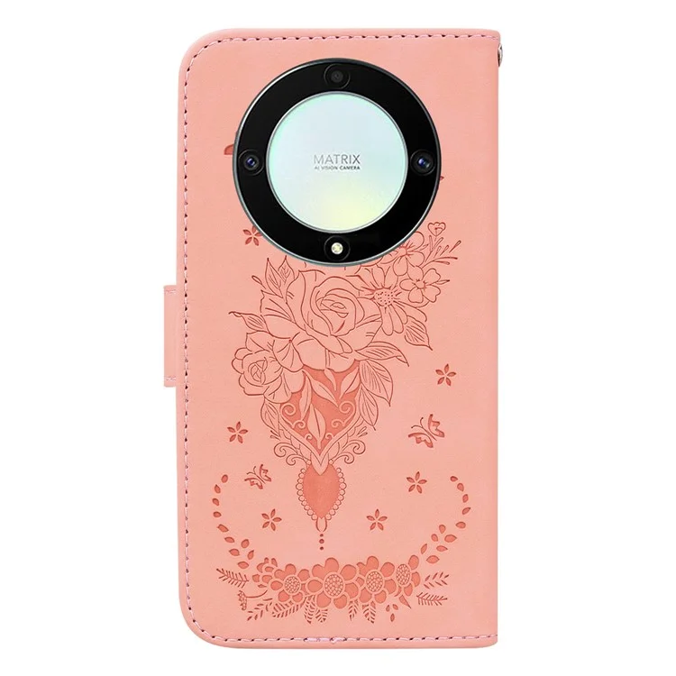 For Honor X40 5G / X9a 5G / Magic5 Lite 5G Leather Wallet Case Rose Butterfly Imprinted Foldable Stand Phone Cover - Pink