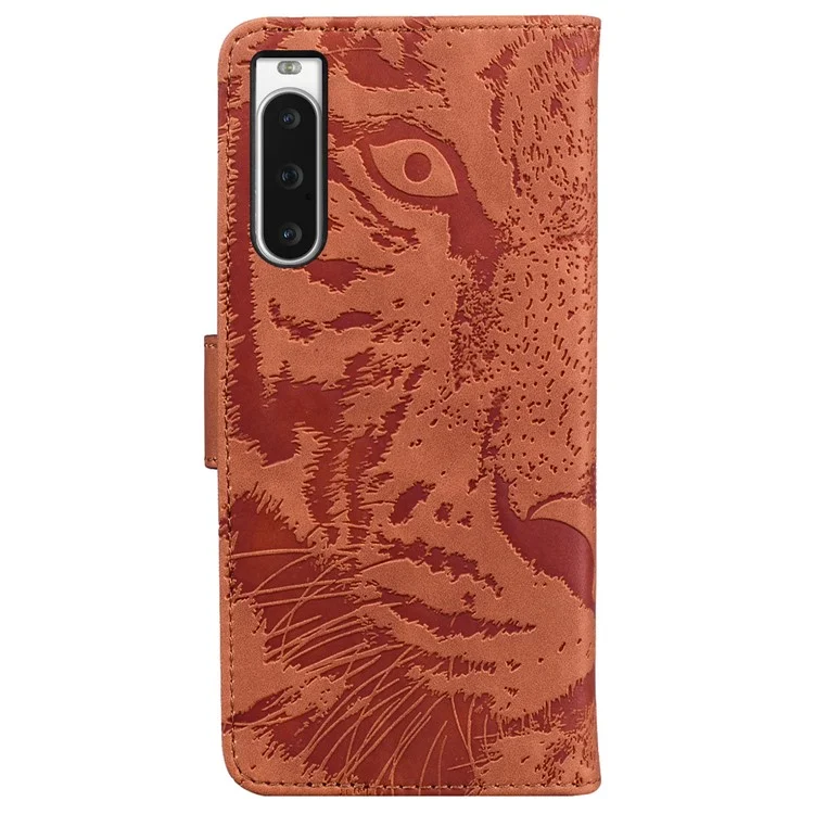 Wallet Phone Case für Sony Xperia 10 V Tiger Muster eingeprägt Stand PU Leder Folio Flip Cover - Braun