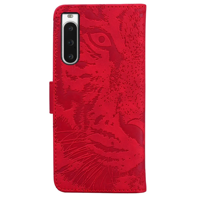 Wallet Phone Case for Sony Xperia 10 V Tiger Pattern Imprinted Stand PU Leather Folio Flip Cover - Red