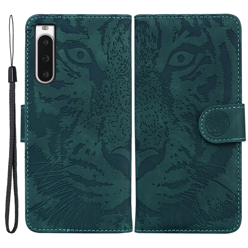 Wallet Phone Case for Sony Xperia 10 V Tiger Pattern Imprinted Stand PU Leather Folio Flip Cover - Green