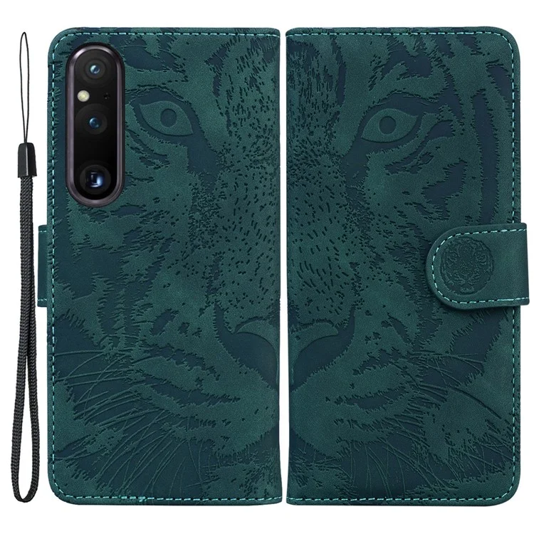 For Sony Xperia 1 V PU Leather Wallet Case Tiger Imprinted Folding Stand Phone Cover - Green