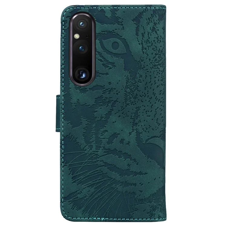 For Sony Xperia 1 V PU Leather Wallet Case Tiger Imprinted Folding Stand Phone Cover - Green