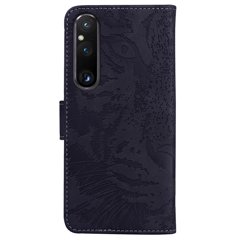 For Sony Xperia 1 V PU Leather Wallet Case Tiger Imprinted Folding Stand Phone Cover - Black