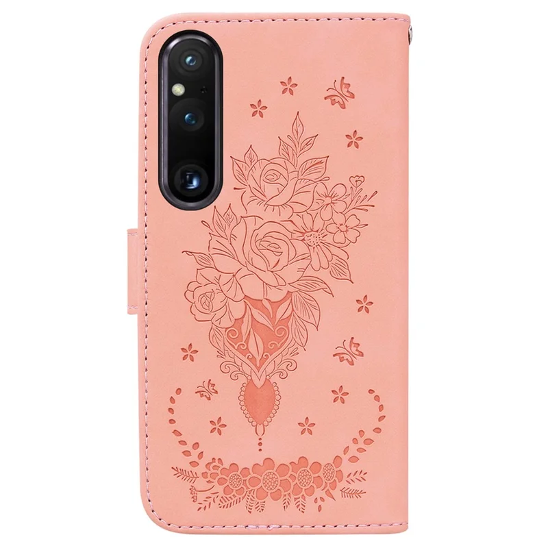 Imprinted Phone Case for Sony Xperia 1 V , Flip Stand Leather Wallet Drop-proof Cover - Pink