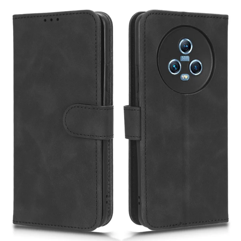 Skin Touch Feeling Phone Case für Honor Magic5, PU-Leder-Standfunktion-Brieftasche, stoßfeste Handyhülle - Schwarz