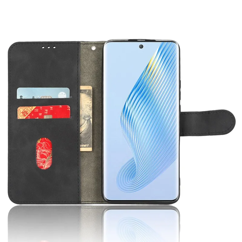 Skin Touch Feeling Phone Case für Honor Magic5, PU-Leder-Standfunktion-Brieftasche, stoßfeste Handyhülle - Schwarz
