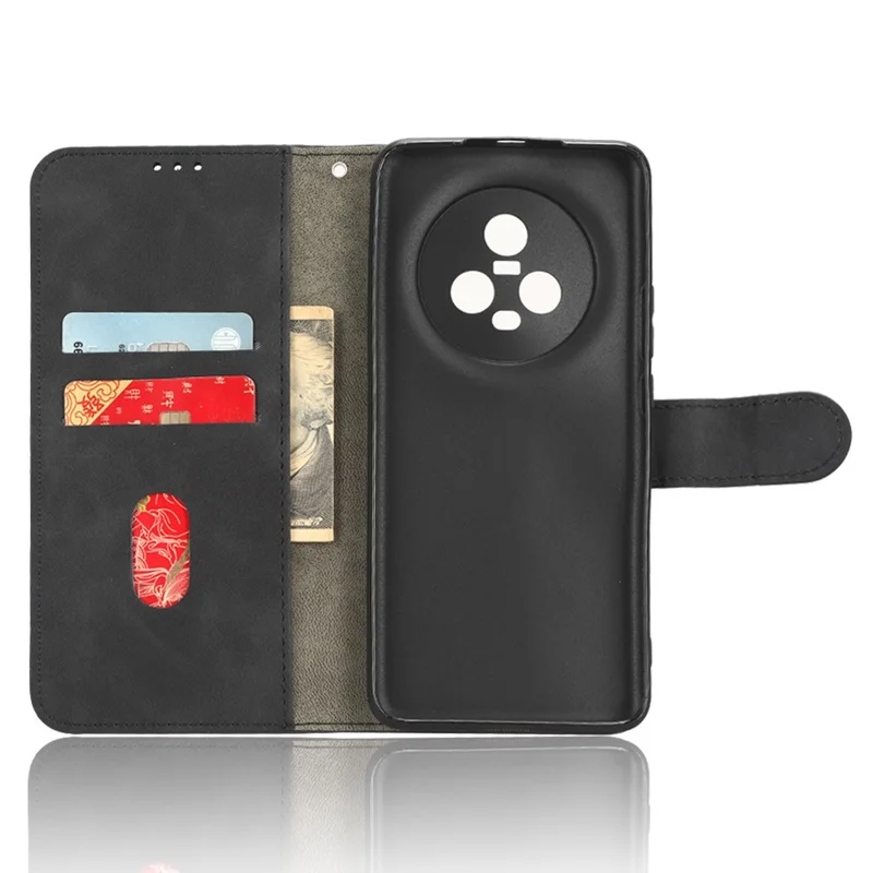 Skin Touch Feeling Phone Case für Honor Magic5, PU-Leder-Standfunktion-Brieftasche, stoßfeste Handyhülle - Schwarz