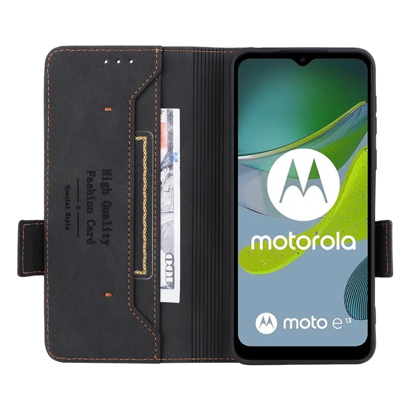 Für Motorola Moto E13 4G PU-Leder Handyhülle Hardware-Dekor Stand Brieftasche stoßfestes Mobiltelefon-Etui - Schwarz