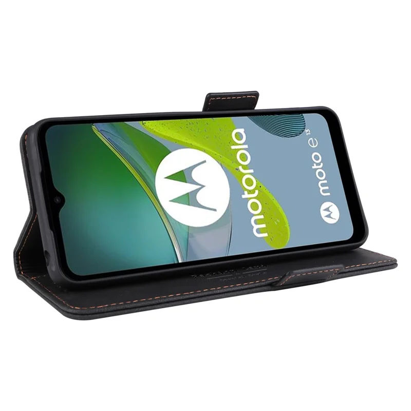 Für Motorola Moto E13 4G PU-Leder Handyhülle Hardware-Dekor Stand Brieftasche stoßfestes Mobiltelefon-Etui - Schwarz
