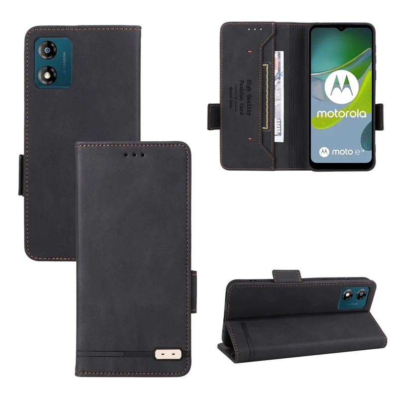 Für Motorola Moto E13 4G PU-Leder Handyhülle Hardware-Dekor Stand Brieftasche stoßfestes Mobiltelefon-Etui - Schwarz