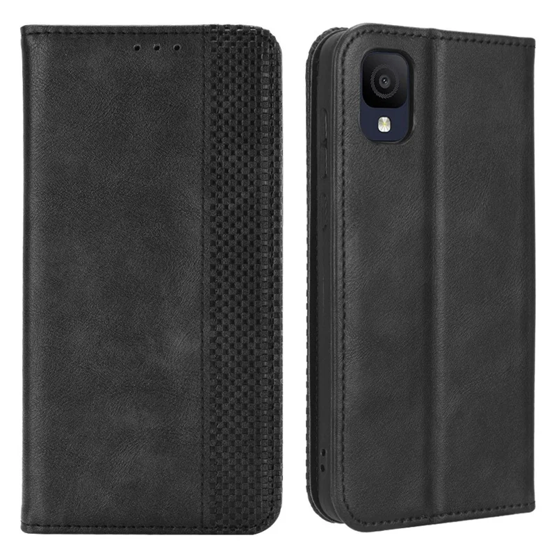 For TCL Ion Z Retro PU Leather Wallet Phone Case Magnetic Absorption Folding Stand Cover - Black