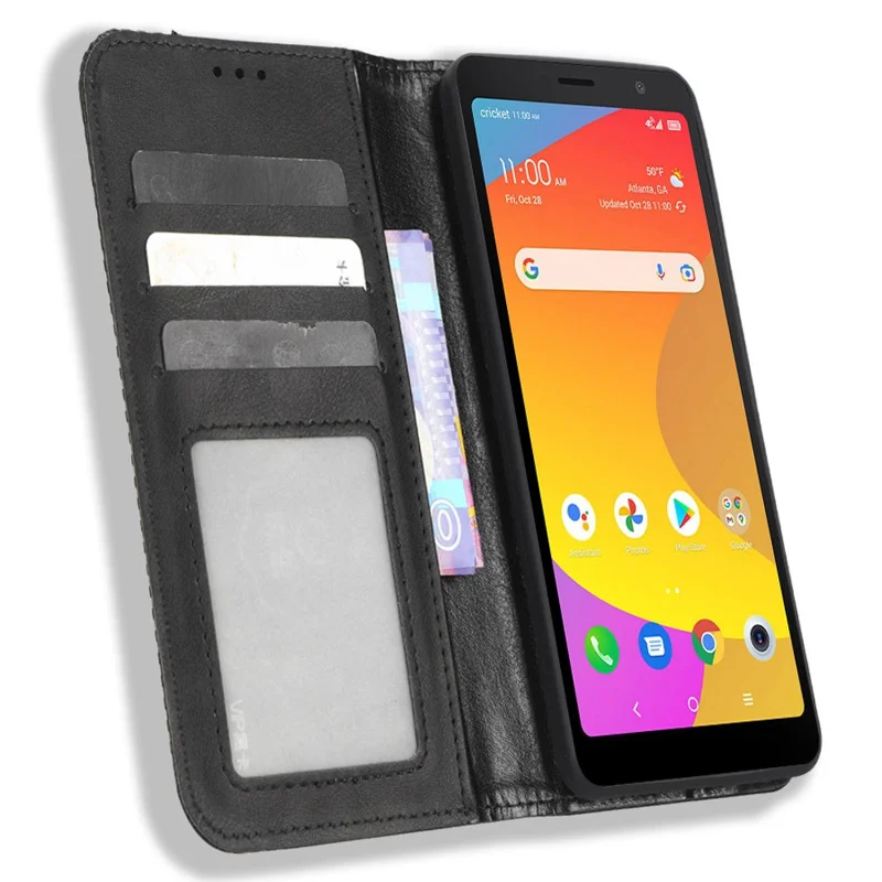For TCL Ion Z Retro PU Leather Wallet Phone Case Magnetic Absorption Folding Stand Cover - Black