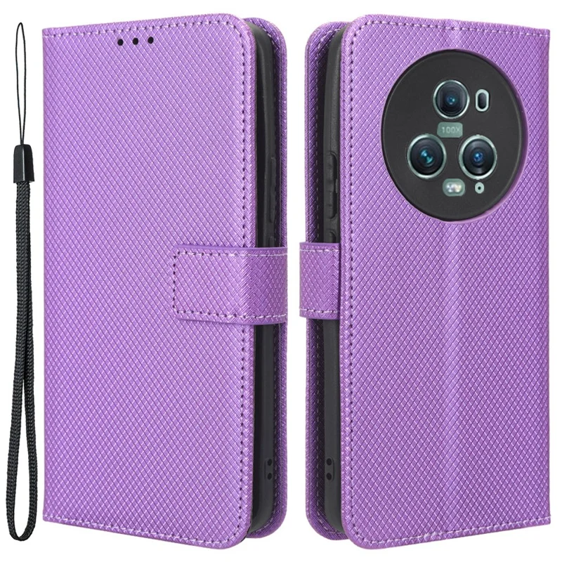 For Honor Magic5 Pro 5G Diamond Texture PU Leather Wallet Phone Case Support Stand Anti-drop Cover - Purple