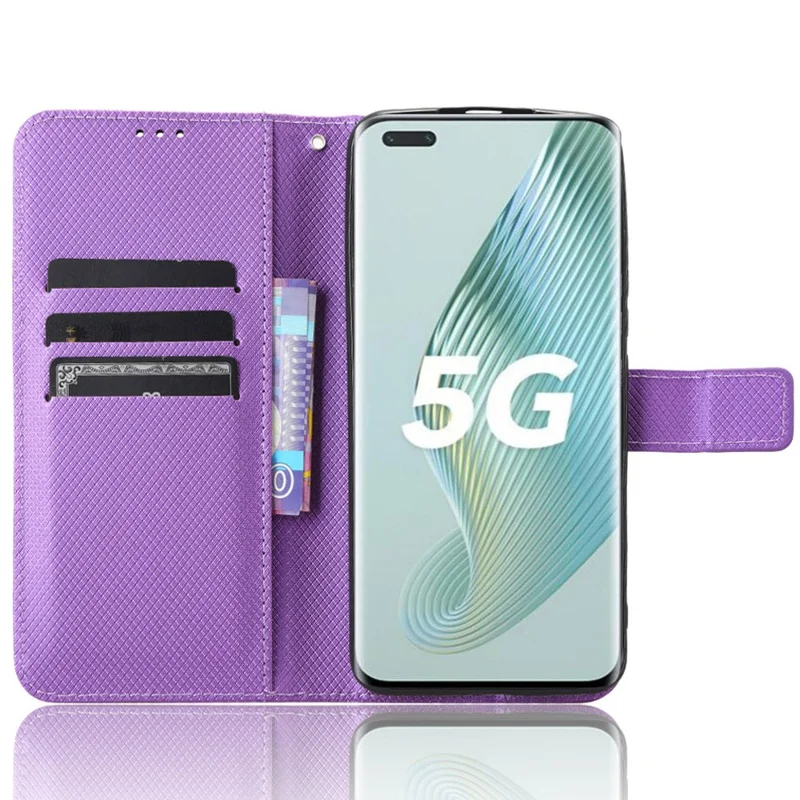 For Honor Magic5 Pro 5G Diamond Texture PU Leather Wallet Phone Case Support Stand Anti-drop Cover - Purple
