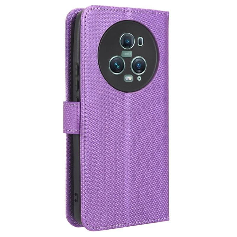 For Honor Magic5 Pro 5G Diamond Texture PU Leather Wallet Phone Case Support Stand Anti-drop Cover - Purple
