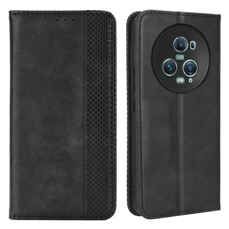 For Honor Magic5 Pro 5G PU Leather Wallet Retro Phone Case Magnetic Absorption Flip Stand Cover - Black