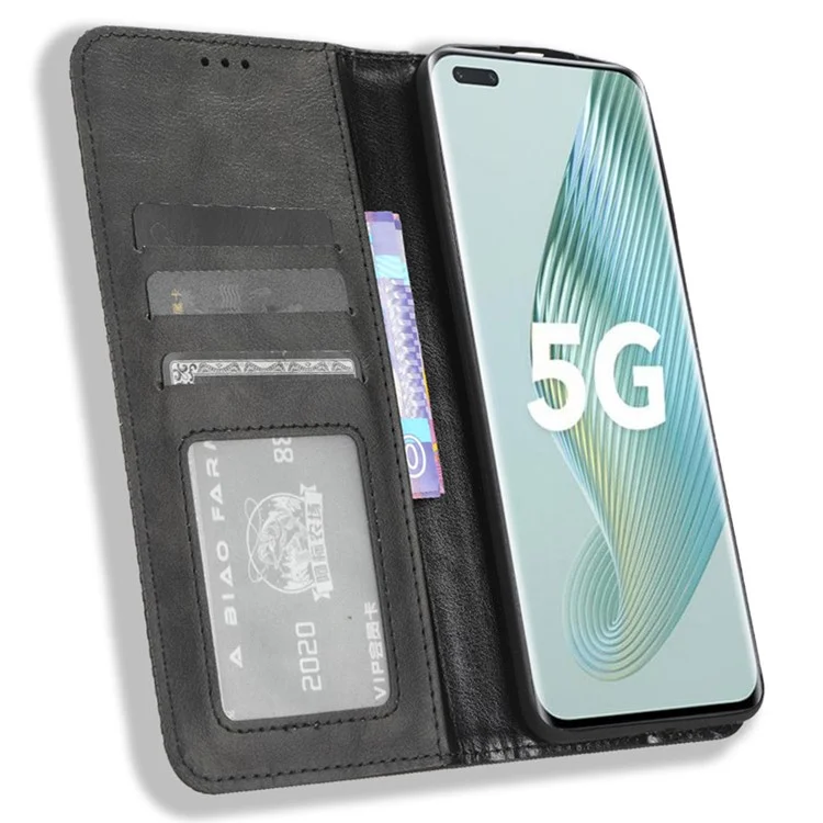 For Honor Magic5 Pro 5G PU Leather Wallet Retro Phone Case Magnetic Absorption Flip Stand Cover - Black