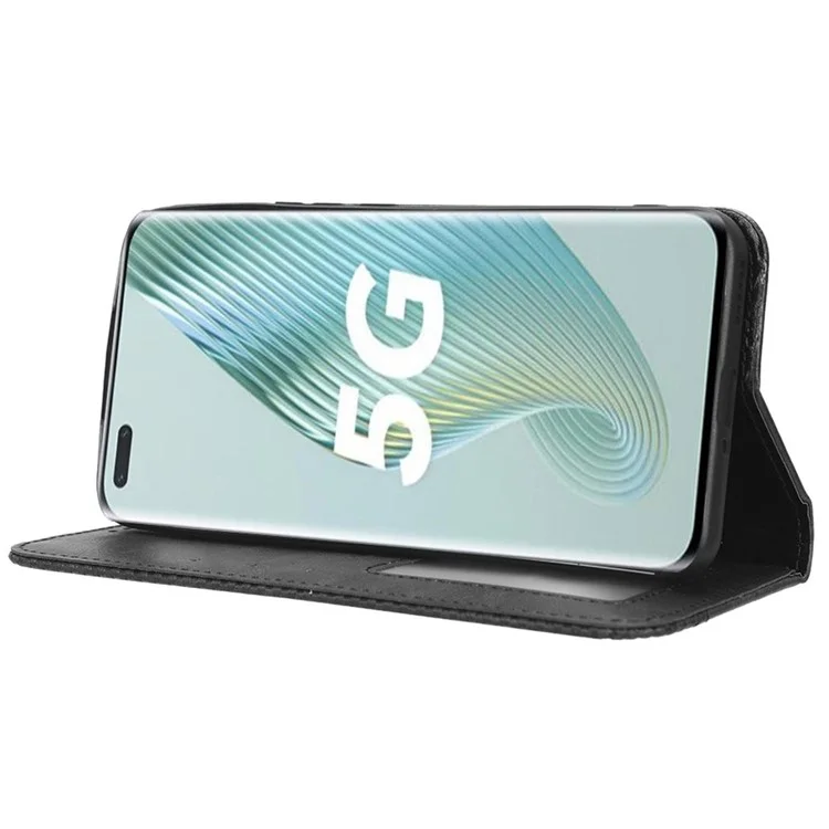 For Honor Magic5 Pro 5G PU Leather Wallet Retro Phone Case Magnetic Absorption Flip Stand Cover - Black