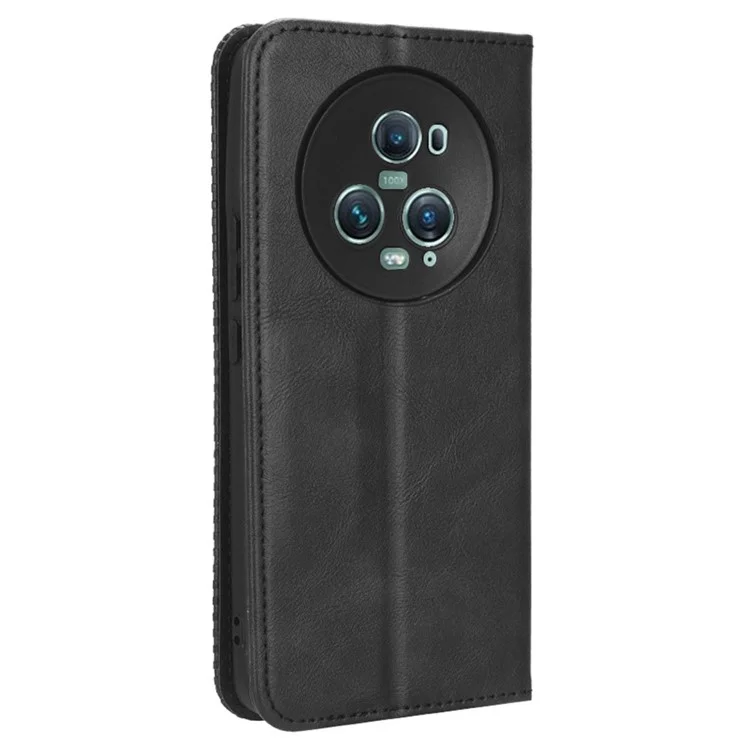 For Honor Magic5 Pro 5G PU Leather Wallet Retro Phone Case Magnetic Absorption Flip Stand Cover - Black