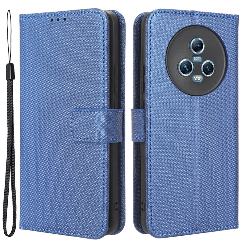 For Honor Magic5 5G Diamond Texture PU Leather Drop-proof Phone Case Folding Stand Wallet Cover - Blue