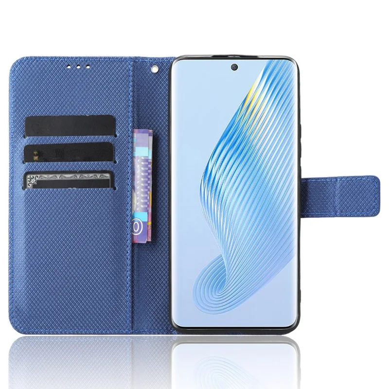For Honor Magic5 5G Diamond Texture PU Leather Drop-proof Phone Case Folding Stand Wallet Cover - Blue