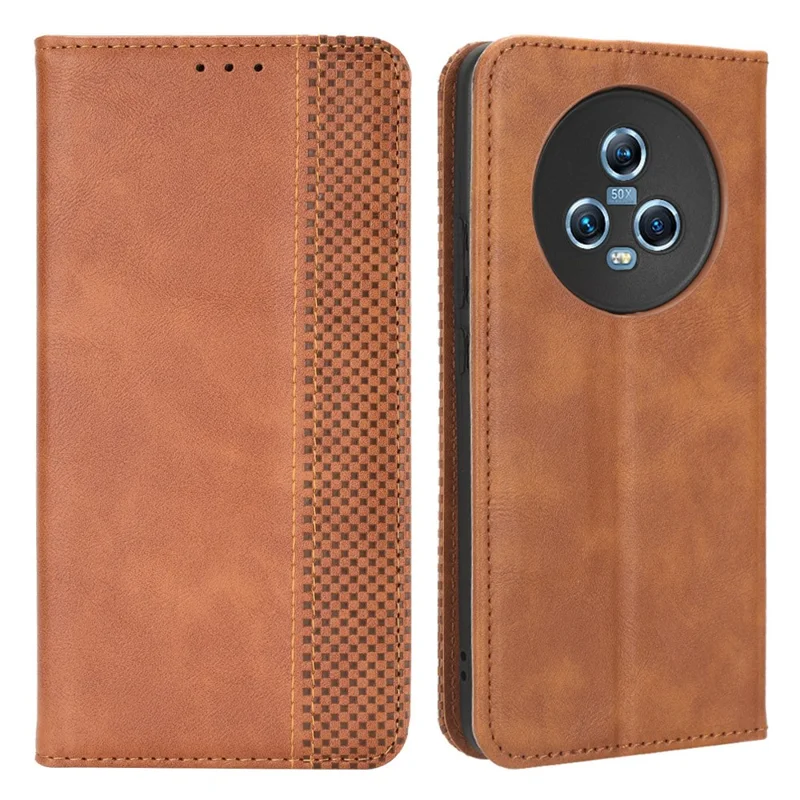 For Honor Magic5 5G Retro PU Leather Magnetic Closing Phone Case Folding Stand Wallet Cover - Brown