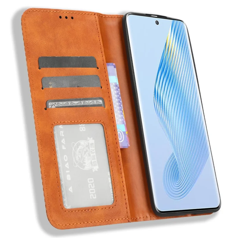 For Honor Magic5 5G Retro PU Leather Magnetic Closing Phone Case Folding Stand Wallet Cover - Brown