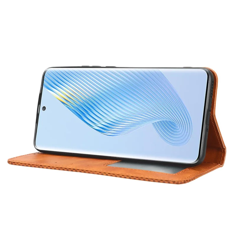 For Honor Magic5 5G Retro PU Leather Magnetic Closing Phone Case Folding Stand Wallet Cover - Brown