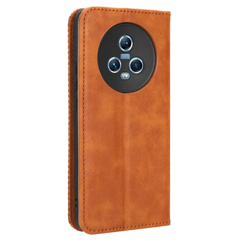 For Honor Magic5 5G Retro PU Leather Magnetic Closing Phone Case Folding Stand Wallet Cover - Brown