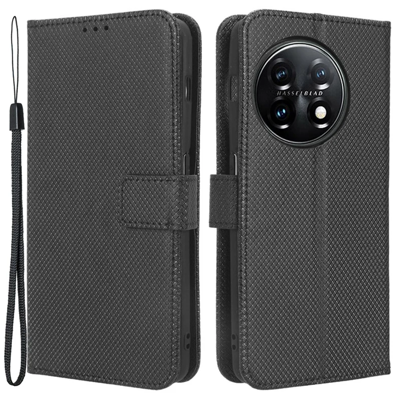 For OnePlus 11R 5G / Ace 2 5G Diamond Texture Stand Cover PU Leather Wallet Shockproof Phone Case - Black