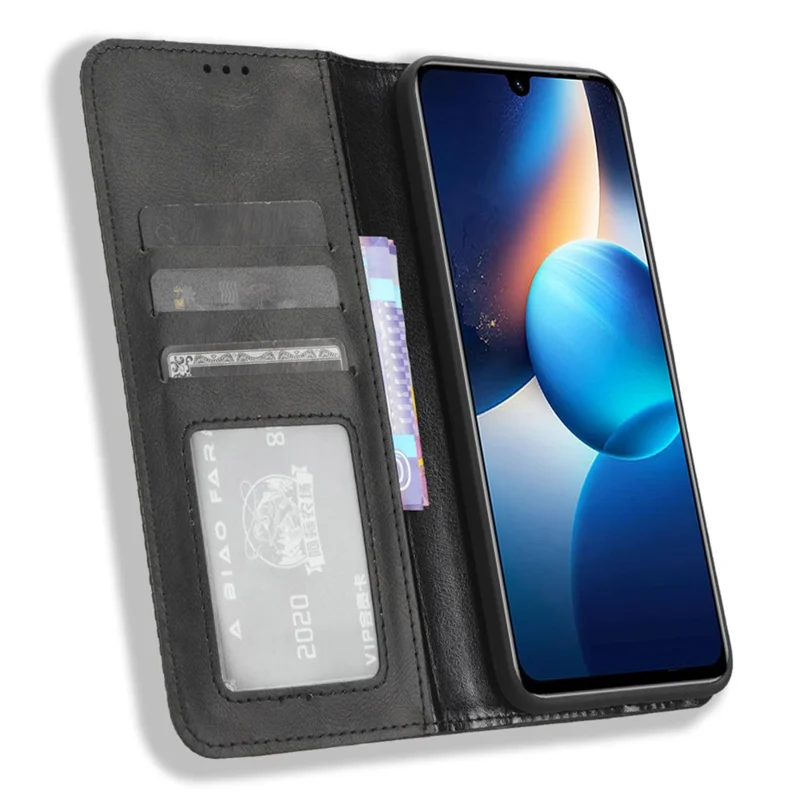 Para Infinix Zero 20 4G X6821 Wallet Phone Case Retro PU Leather Cover Magnetic Closure Stand Case - Black