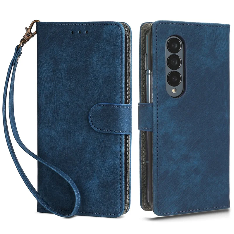 For Samsung Galaxy Z Fold3 5G Leather Phone Case RFID Blocking Wallet Stand Smartphone Cover with Strap - Blue