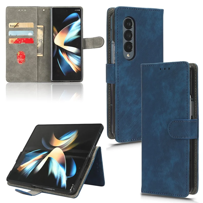 For Samsung Galaxy Z Fold3 5G Leather Phone Case RFID Blocking Wallet Stand Smartphone Cover with Strap - Blue