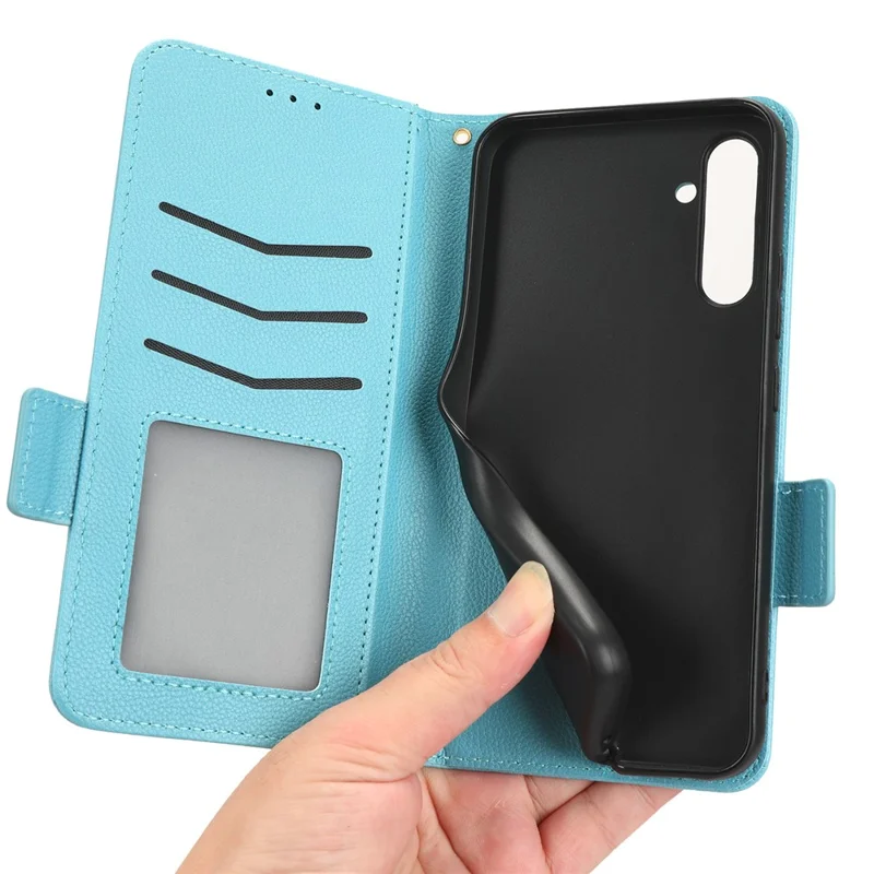 For Samsung Galaxy A24 4G (162.1 x 77.6 x 8.3mm) PU Leather Phone Case Litchi Texture Wallet Stand Protective Phone Cover - Baby Blue