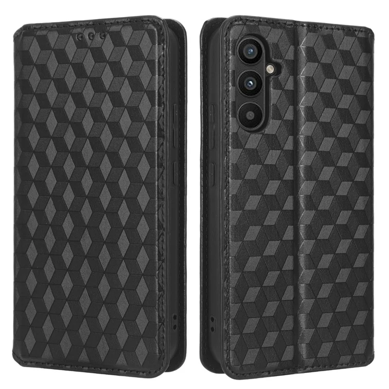 For Samsung Galaxy A24 4G (162.1 x 77.6 x 8.3mm) Cell Phone Case Imprinted Rhombus Pattern Wallet Stand Leather Phone Cover - Black