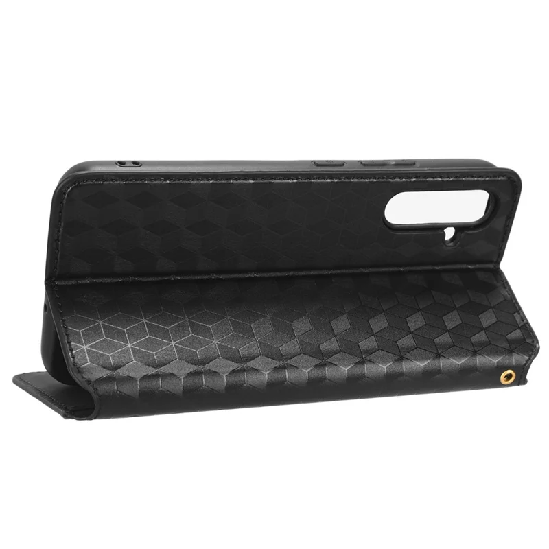 For Samsung Galaxy A24 4G (162.1 x 77.6 x 8.3mm) Cell Phone Case Imprinted Rhombus Pattern Wallet Stand Leather Phone Cover - Black